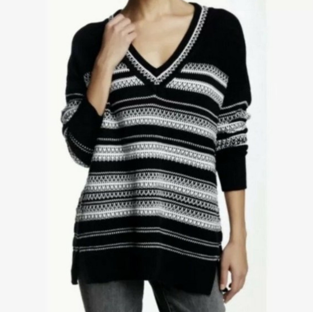 Vince Textured Stripe Cotton V-Neck Sweater Tunic Black Size Medium